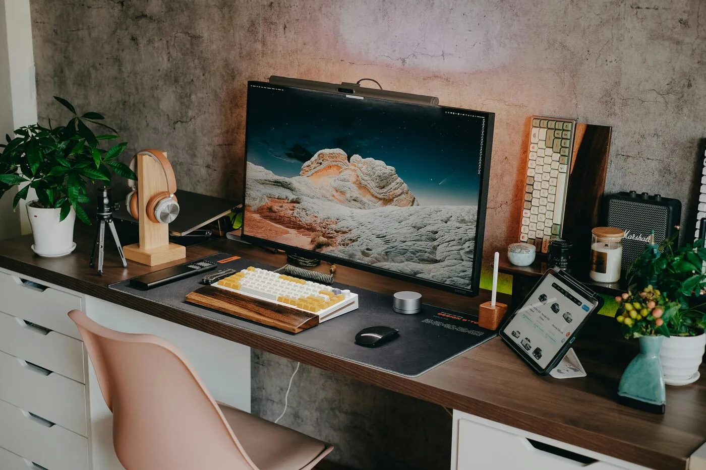 home office, desk, computer, head phones