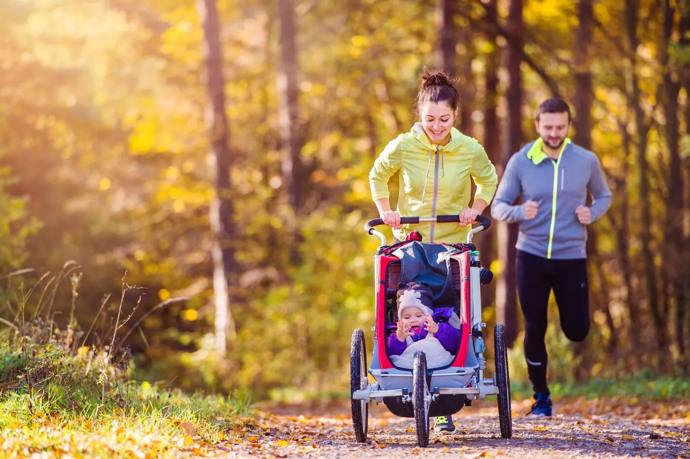 trail runners, family, woman and child, man, running, green belt