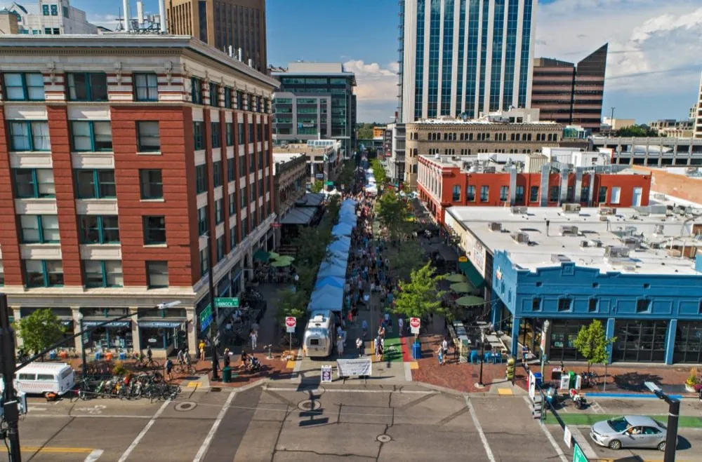 Aerial view of farmers' market in downtown Boise
