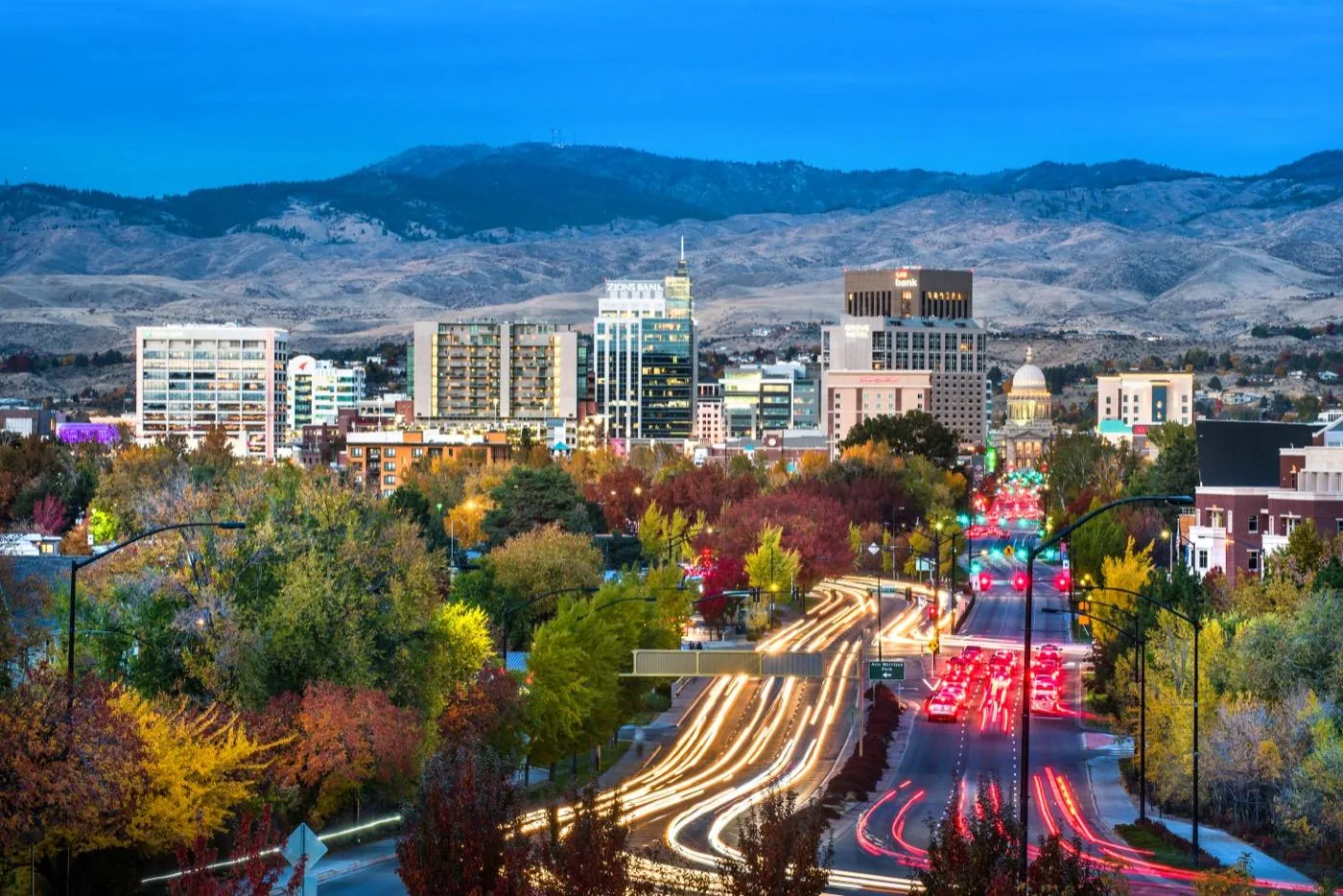 Downtown Boise with the foothills behind it