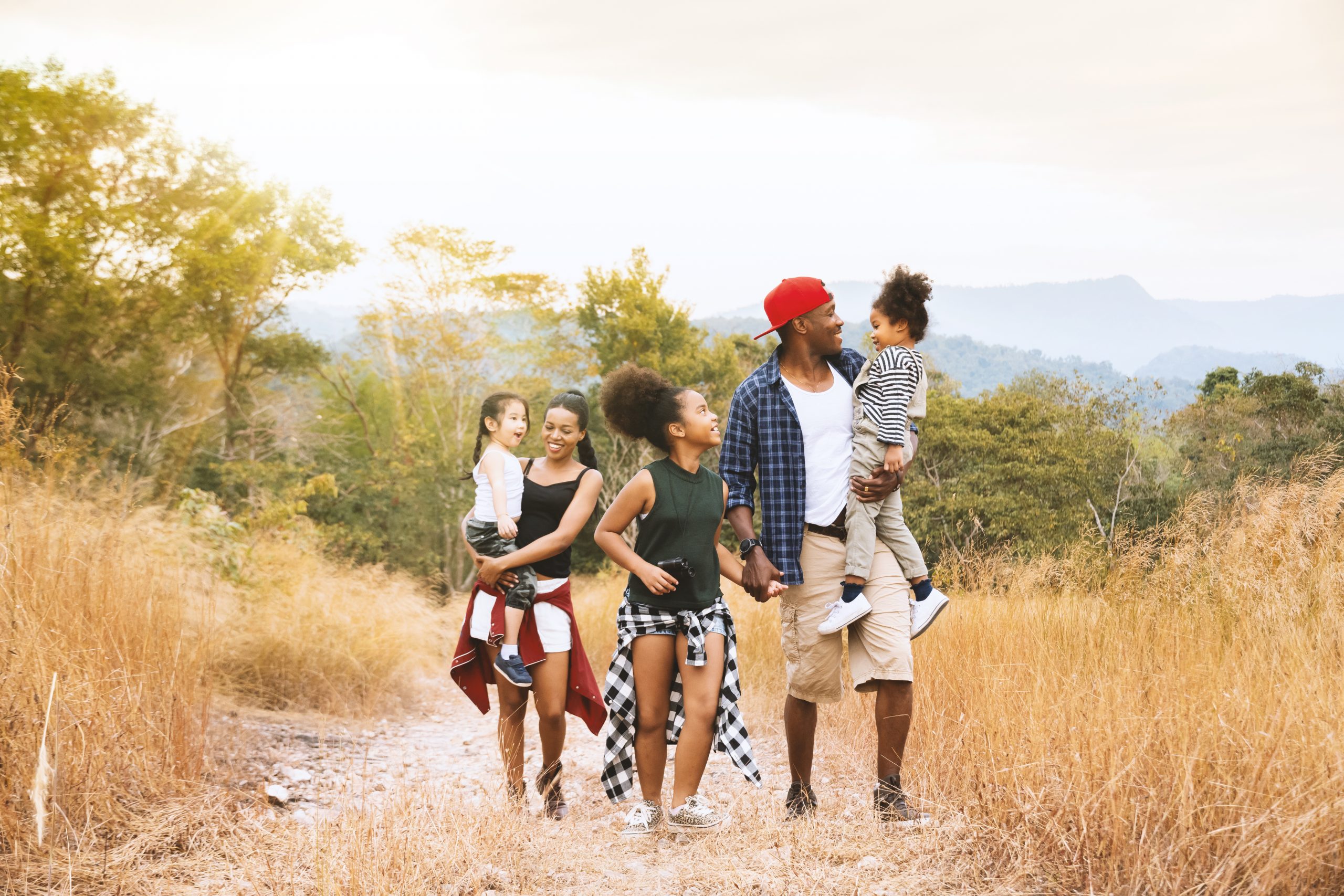 Family hiking foothills