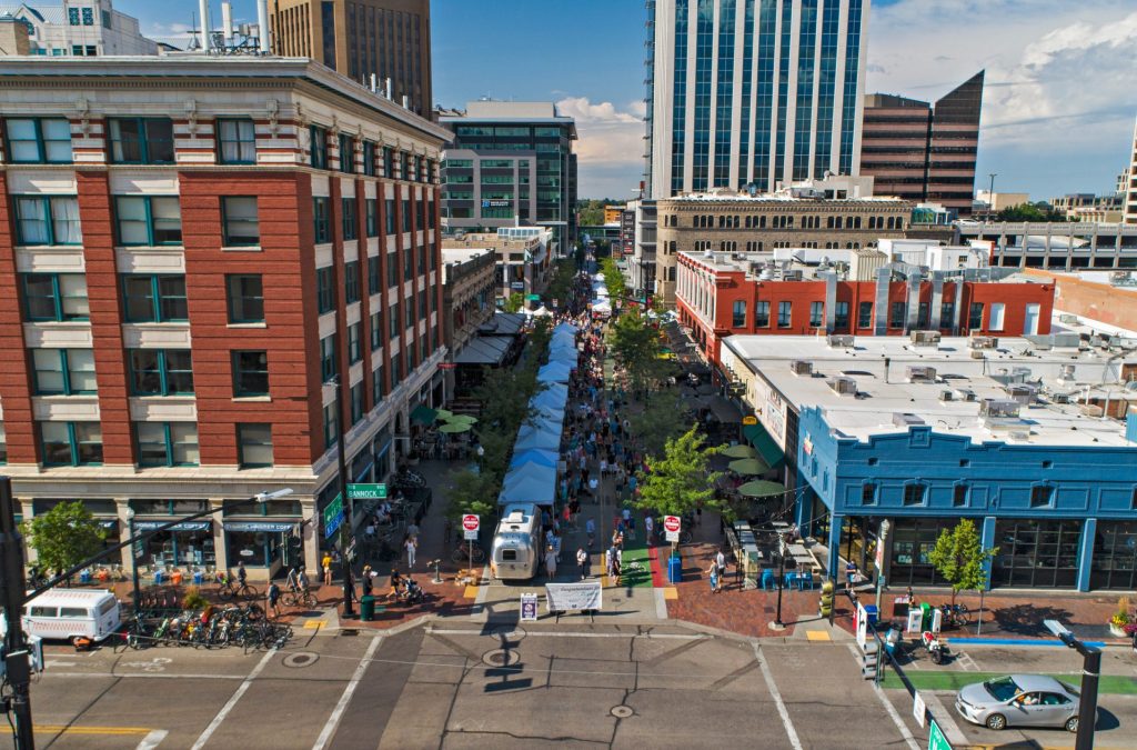 Drone aerial view of the Saturday market in downtown Boise, Idah Aerial view of farmers' market in downtown Boise
