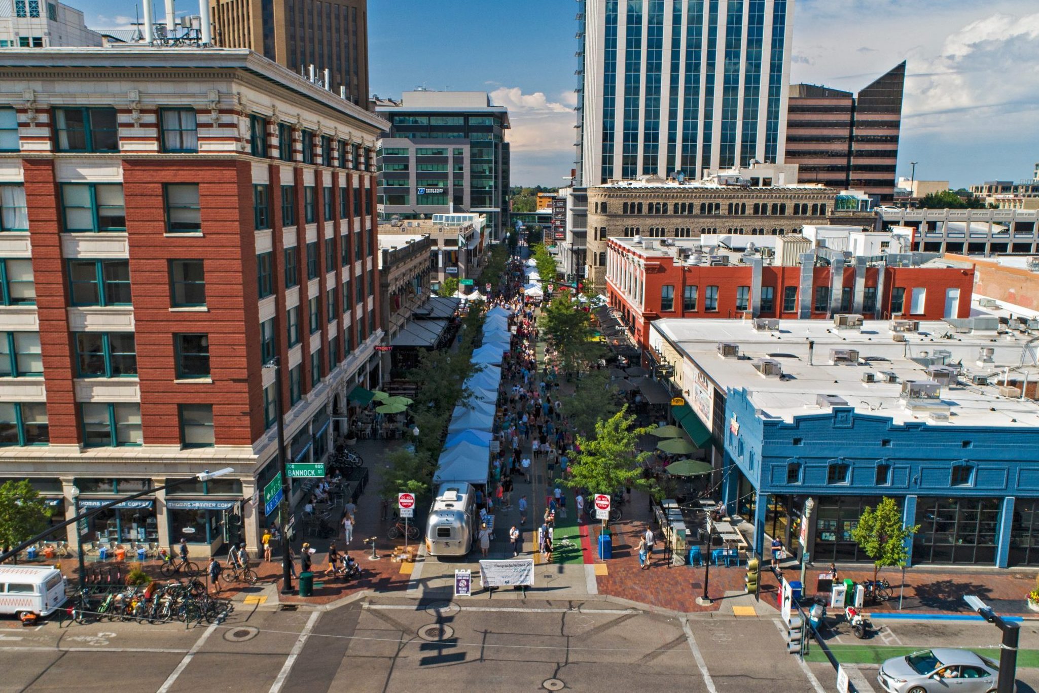 Aerial view of farmers' market in downtown Boise