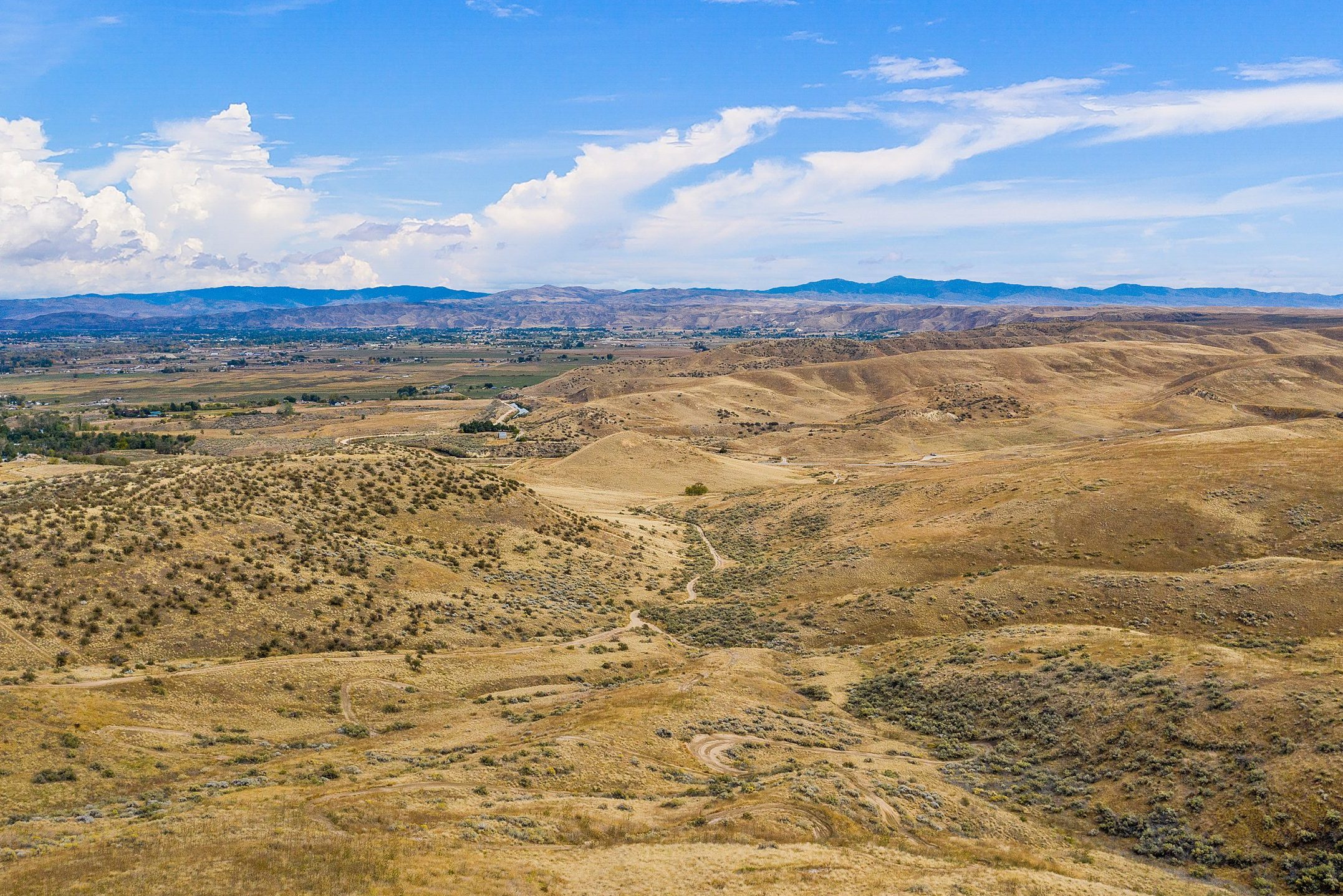 Aerial view of rolling hills with scenic trails on BLM land in Middleton Idaho