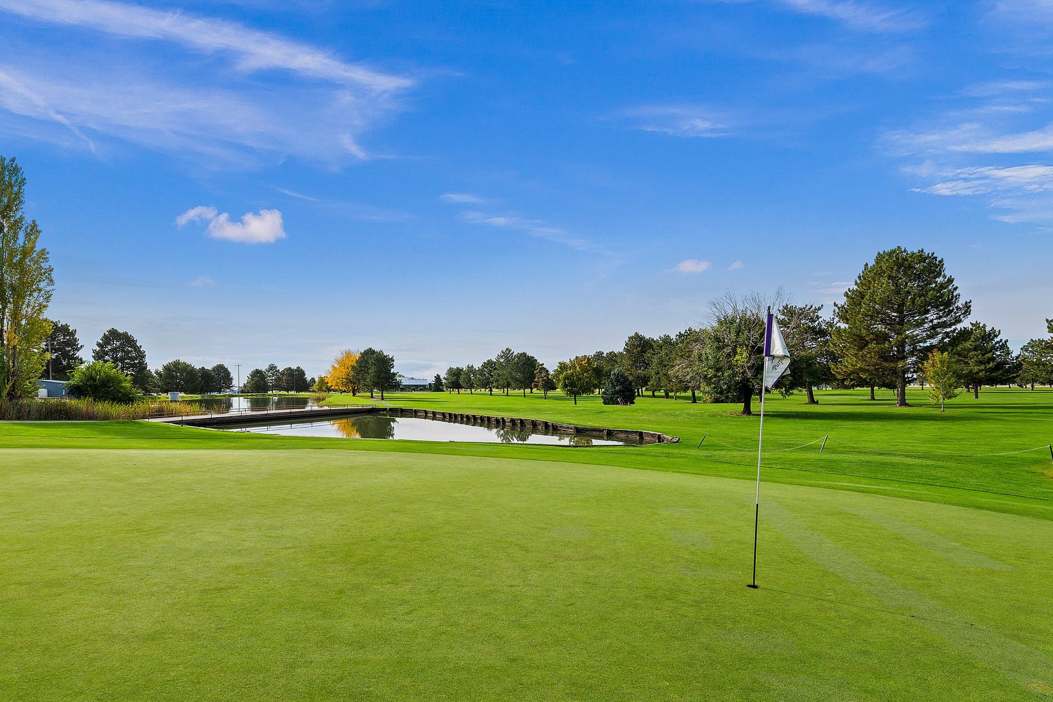 Golf hole with flag at the Purple Sage Golf Course with water feature in the background