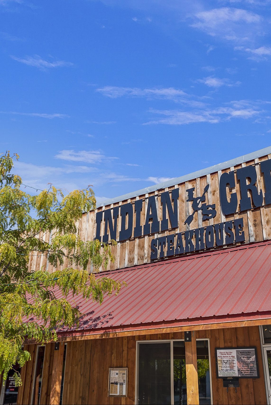 Front exterior and signage of Indian Creek Steakhouse in downtown Caldwell, Idaho