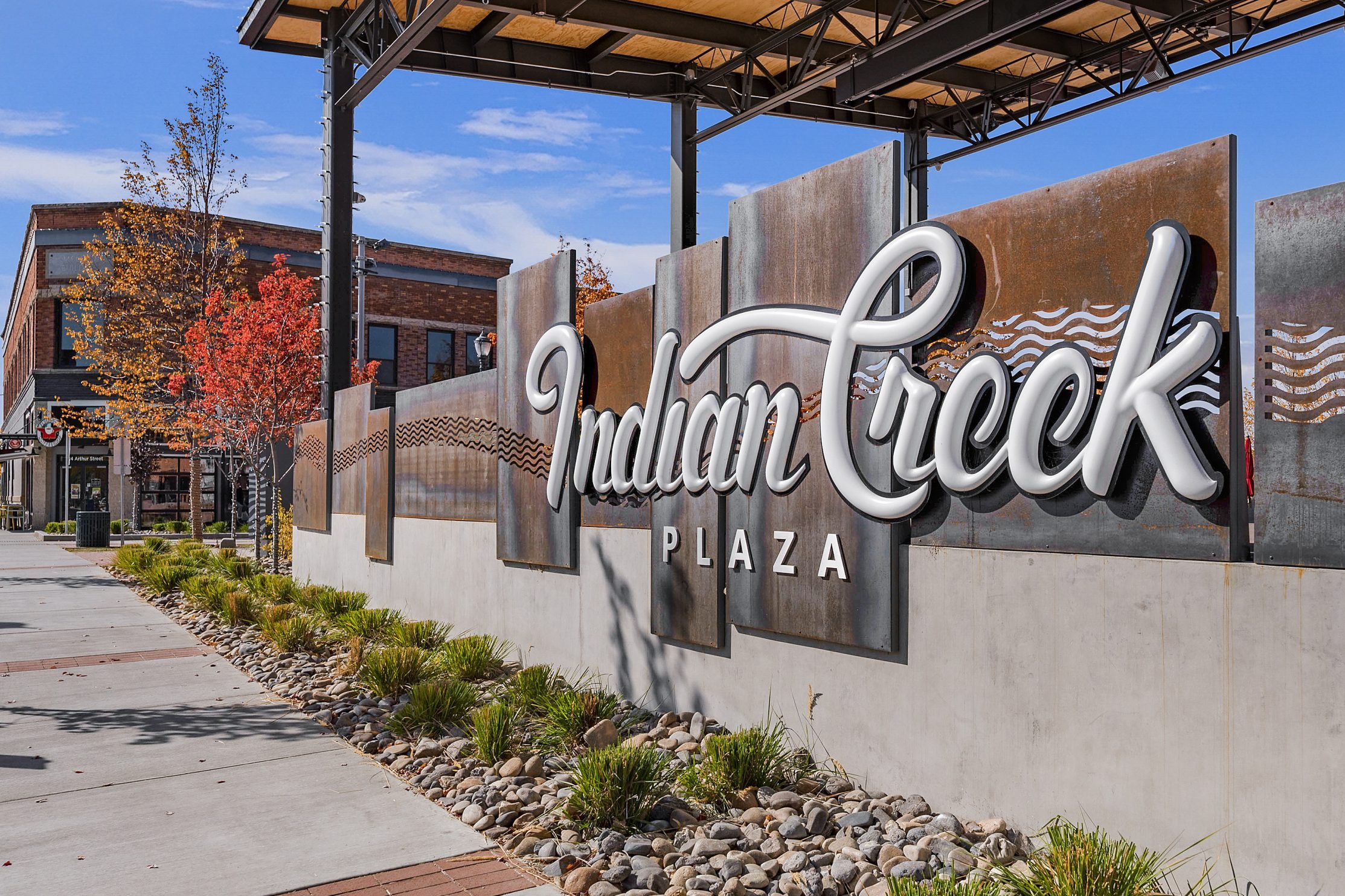 Indian Creek Plaza monument sign located in downtown Caldwell, Idaho