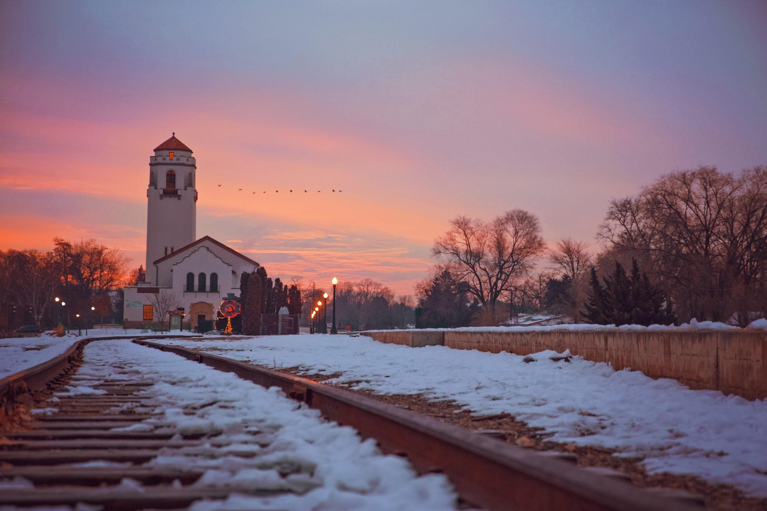 sunrise photo of the boise train depot and the railroad tracks c Boise Train Depot