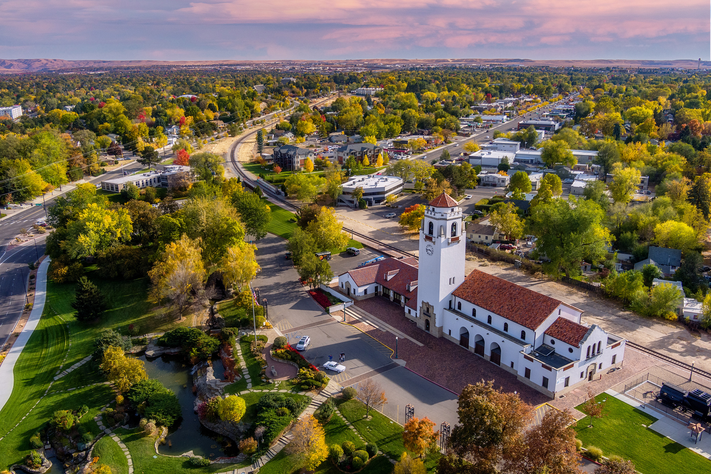 Aerial view of the historic Boise Train Depot at Sunset. Located in Boise Idaho