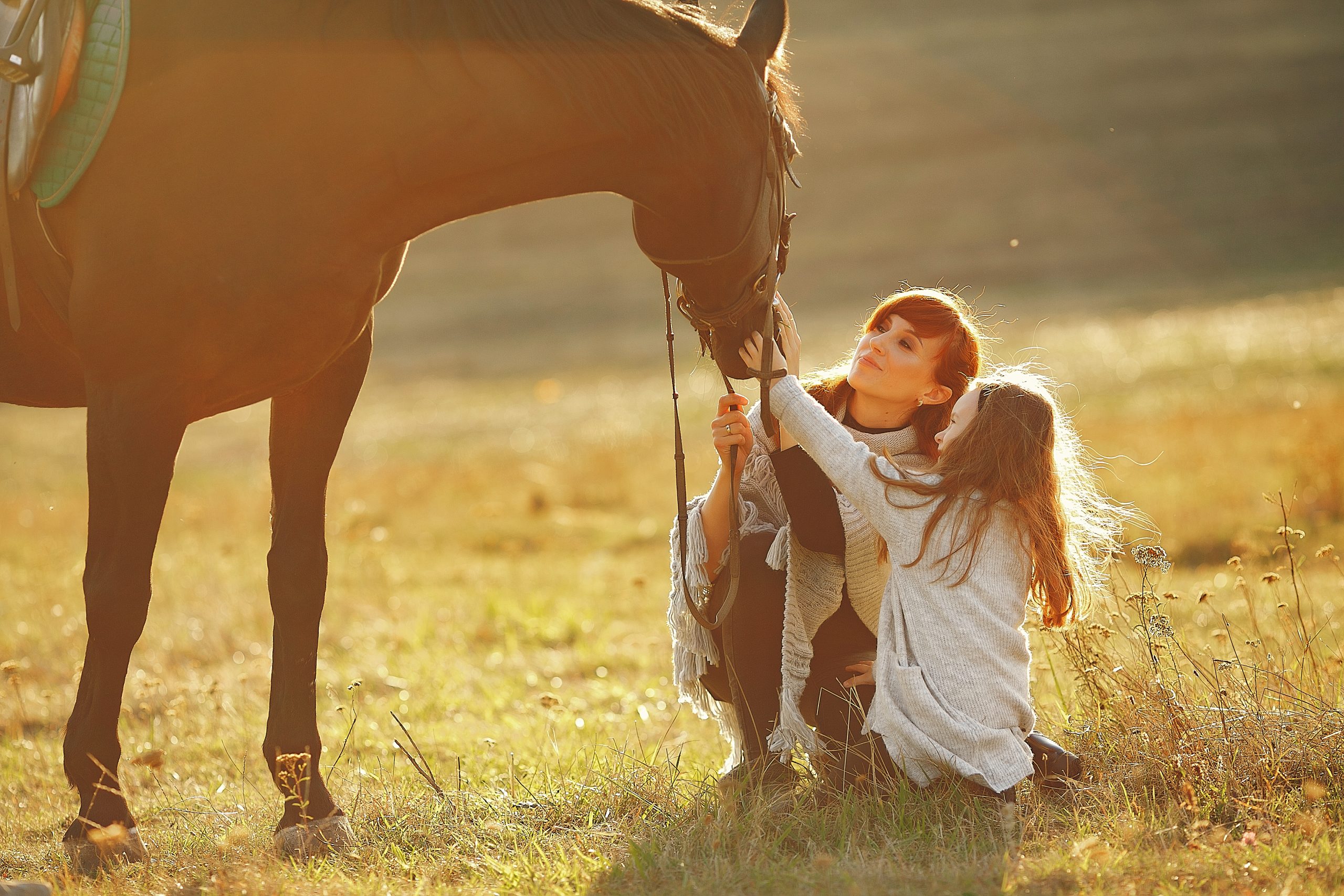 Mother and daughter next to horse. Little girl in a summer field. Family playing with a horse