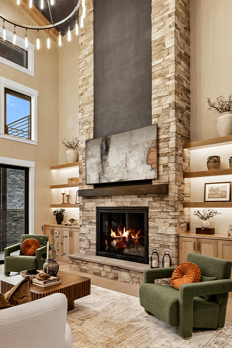 bachman custom homes, tall stone fireplace, valnova, eagle idaho