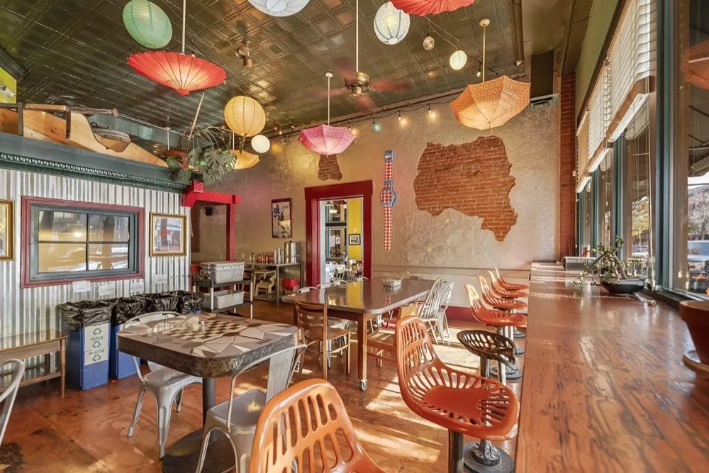 Eclectic dining area at Messenger Pizza in downtown Nampa
