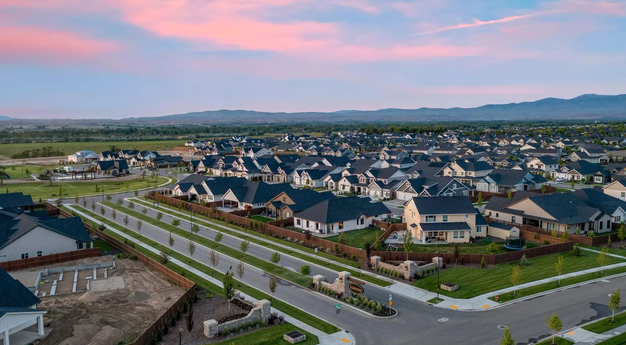 Aerial view of a new home community in the Treasure Valley at sunset