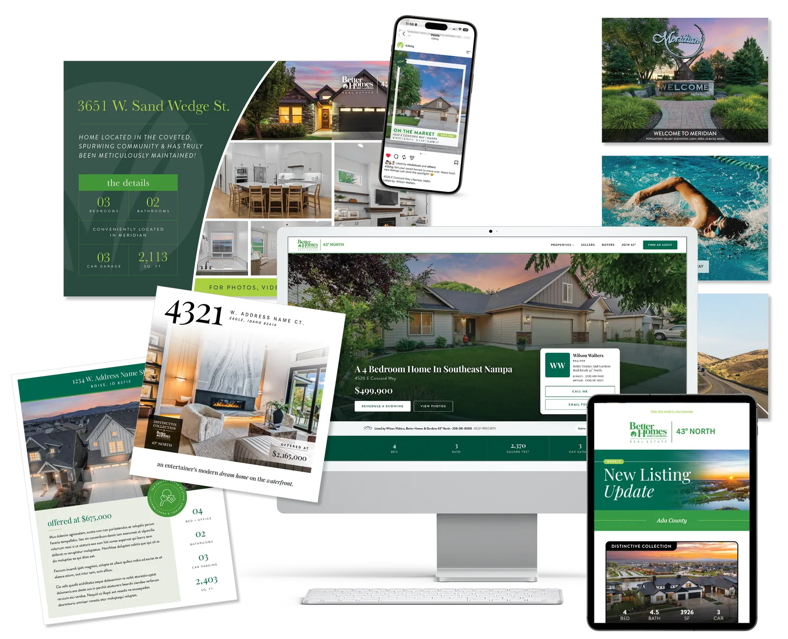 Listing launch materials: postcard, flyers, social post, listing page on 43re.com, new listing email and community photos