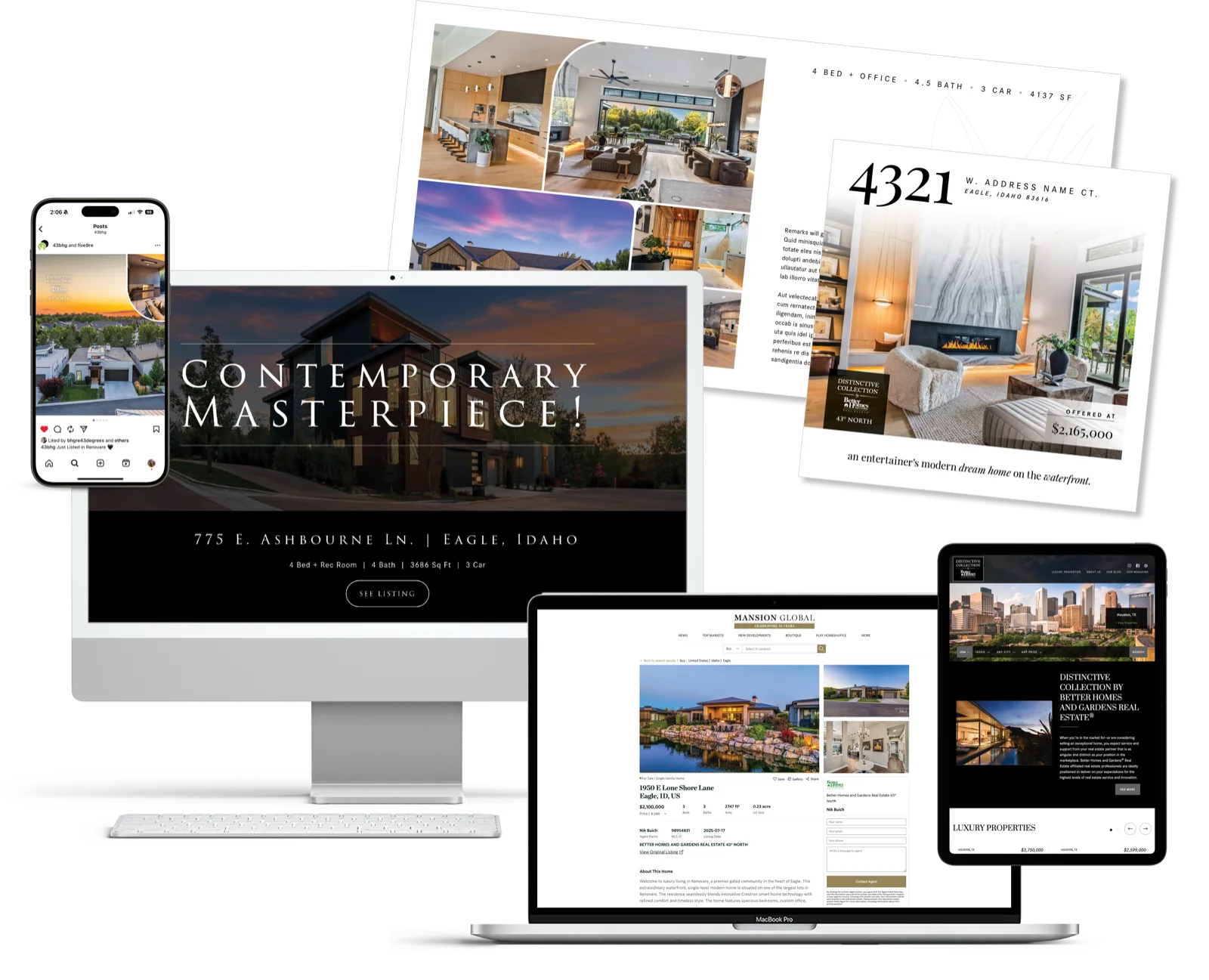 Distinctive luxury launch materials: brochure, property website, Mansion Global listing and social post