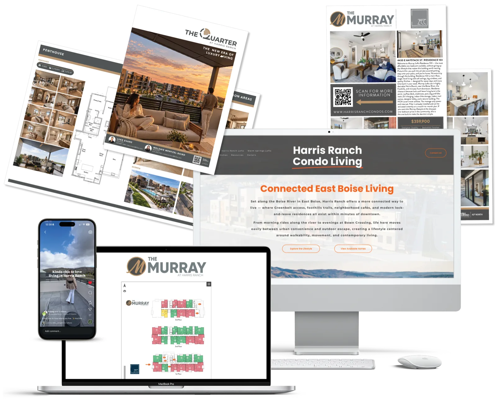 New construction launch materials: community brochures, floor plans, condo website and social video