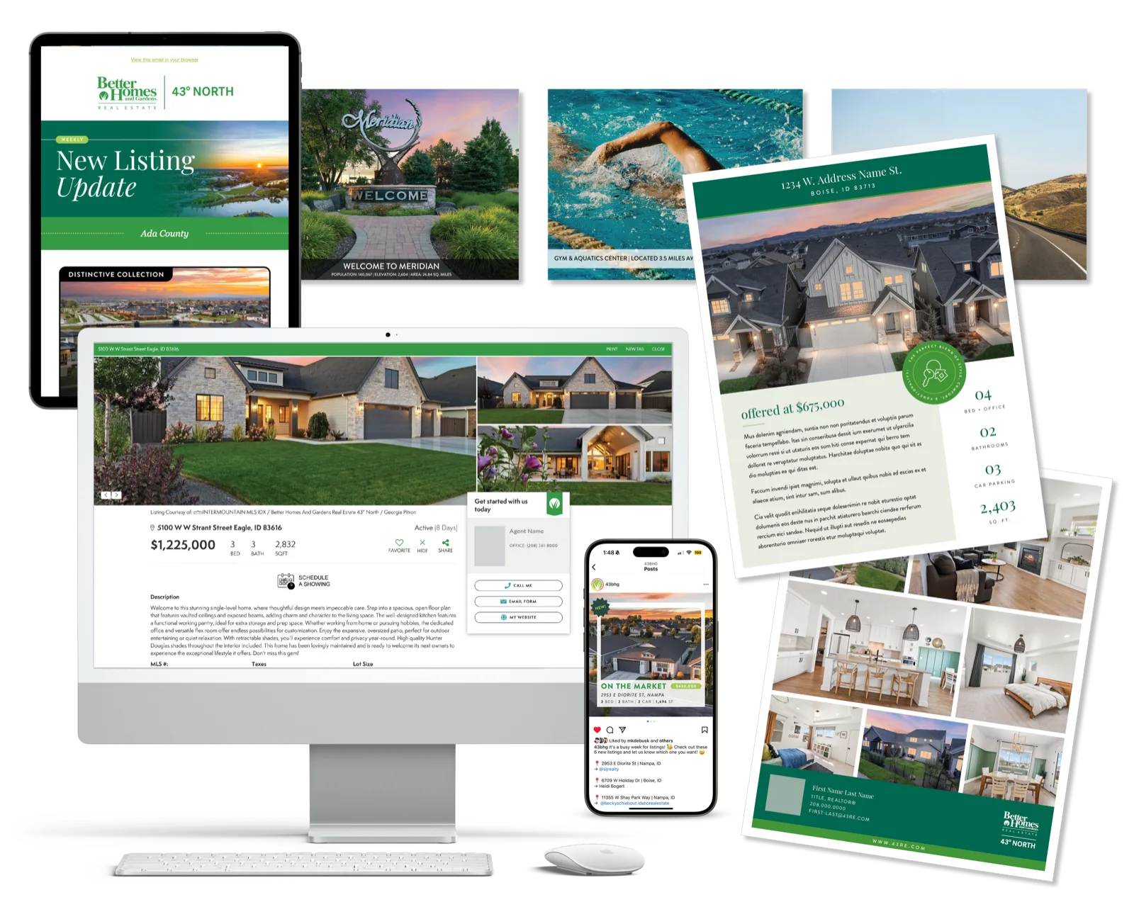 Resale listing launch materials: new listing email, flyer, community sheets, listing page and social post